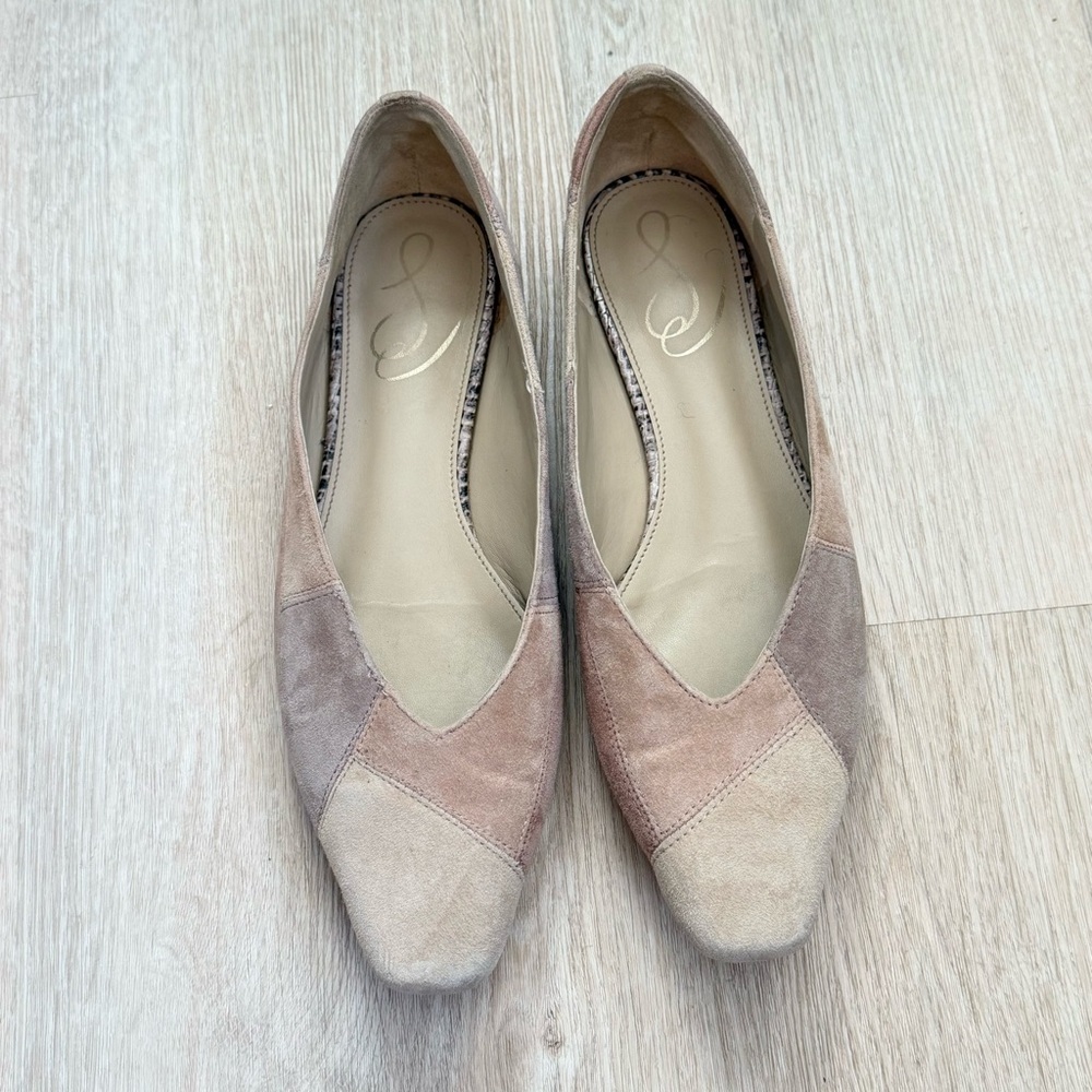 Sam Edelman Suede Patchwork Square Toe Flats in Cream, Tan and Purple